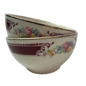 Homer Laughlin Majestic Cranberry 2 Bowls Multicolor Floral Burgandyband 30s VTG